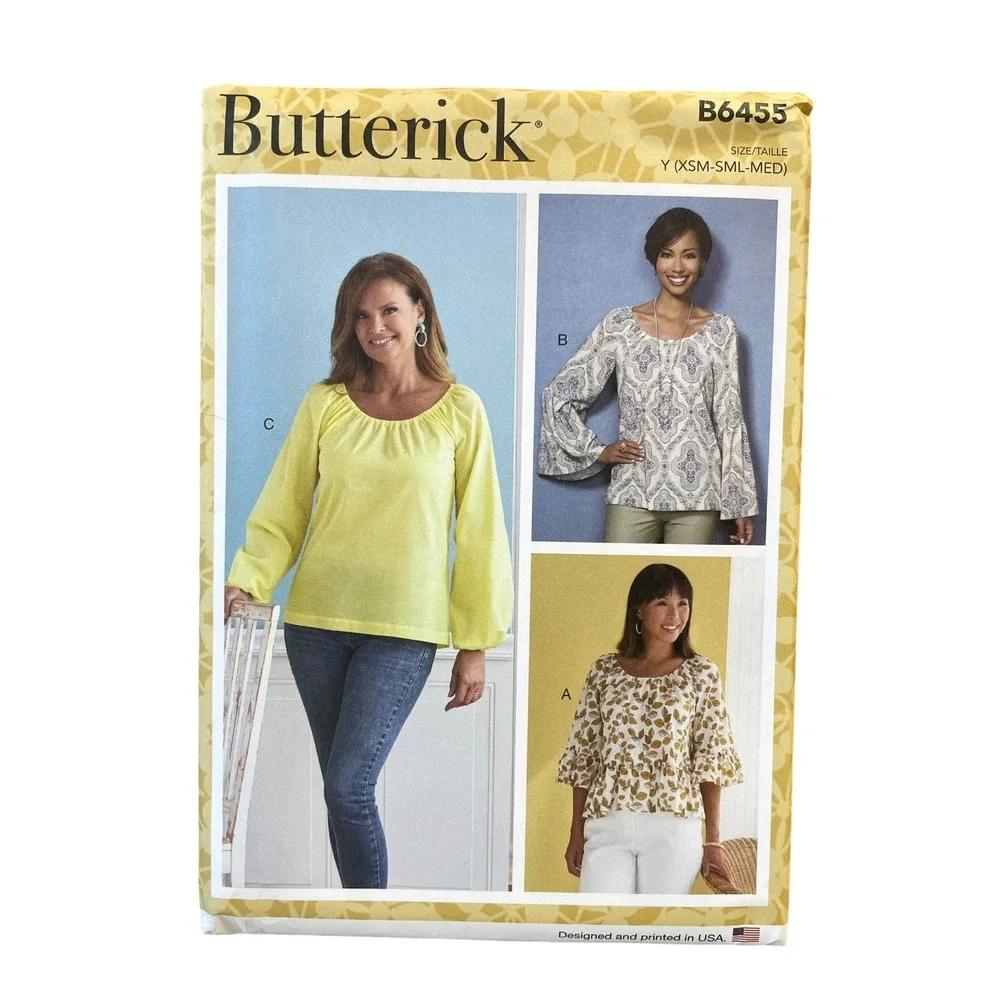 Butterick B6455 Sewing Pattern Misses XS-M Multicolor Peasant Bell Sleeve Blouse